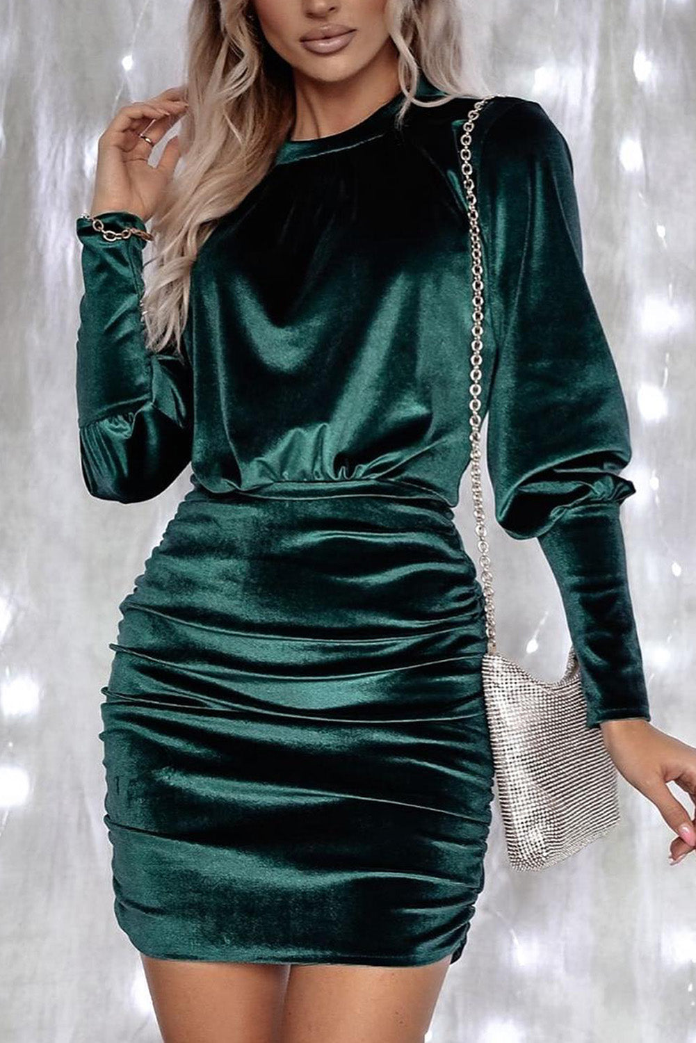 Green Velvet Bodycon Dress with Winged Puff Sleeves for Women