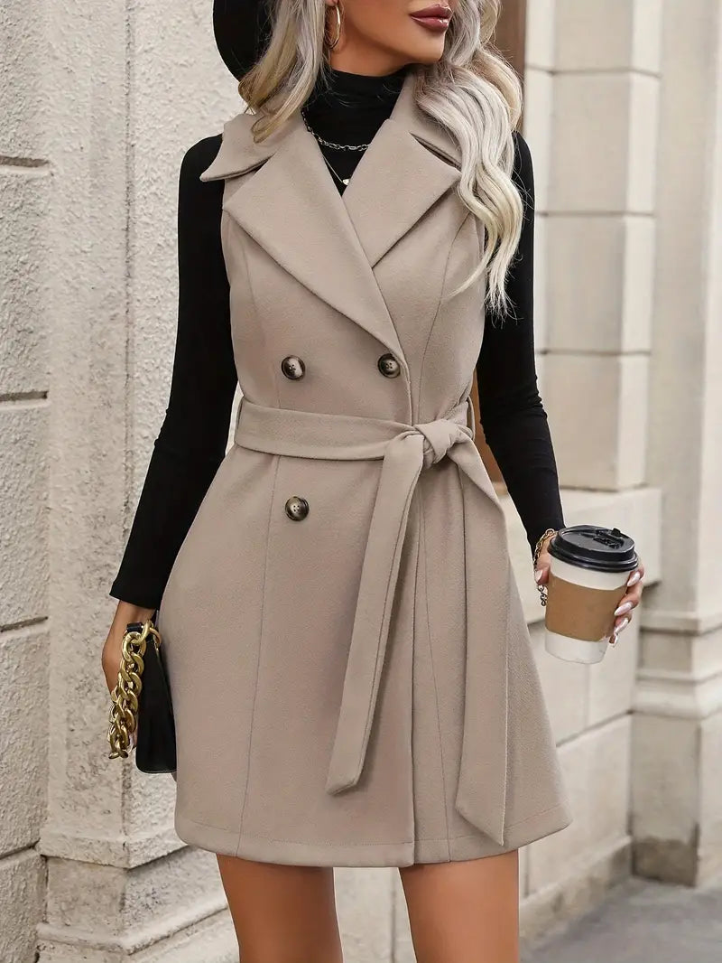 Kyla - Classic Light Grey Double-Breasted Belted Vest Coat for Women