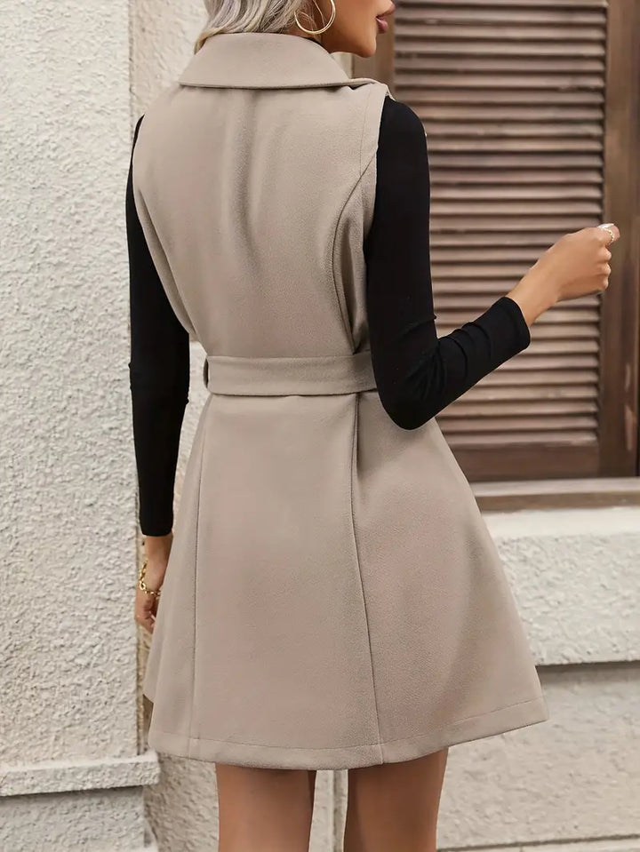 Kyla - Classic Light Grey Double-Breasted Belted Vest Coat for Women